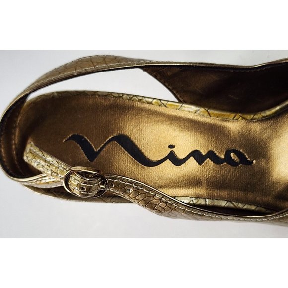 Nina Shoes Womens Size 7 Gold Slingback Alligator Print Pointed Toe Dress Heels - Picture 9 of 11